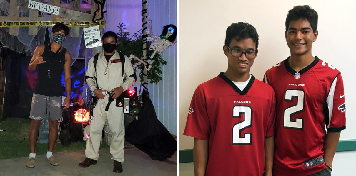 21469_ian-and-rohan Image 1) Ian and Rohan in ghostbuster halloween costume Image 2) Ian and Rohan in Atlanta Falcon football jerseys